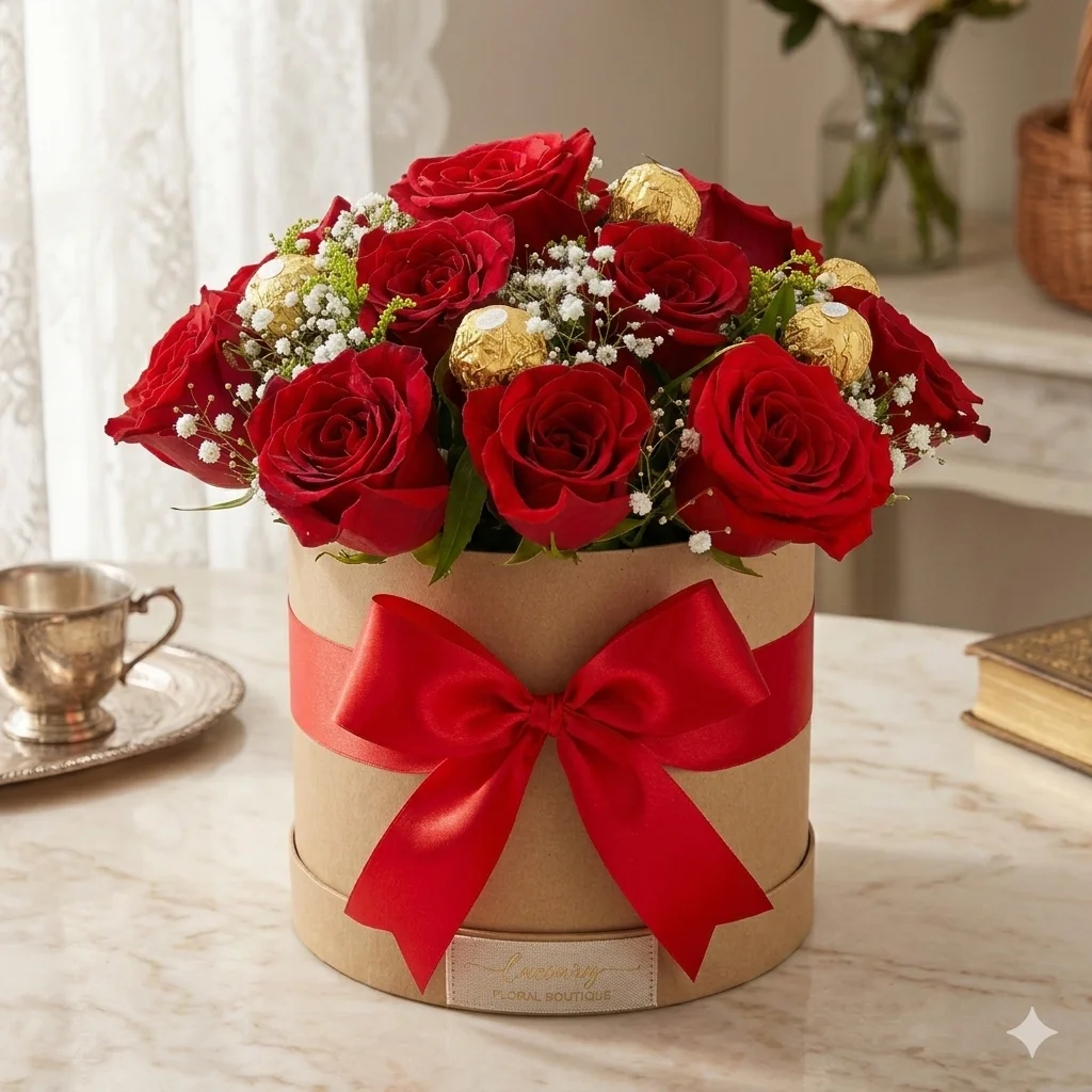 Buquê de 12 Rosas com Ferrero Rocher – presente romântico com flores e chocolates