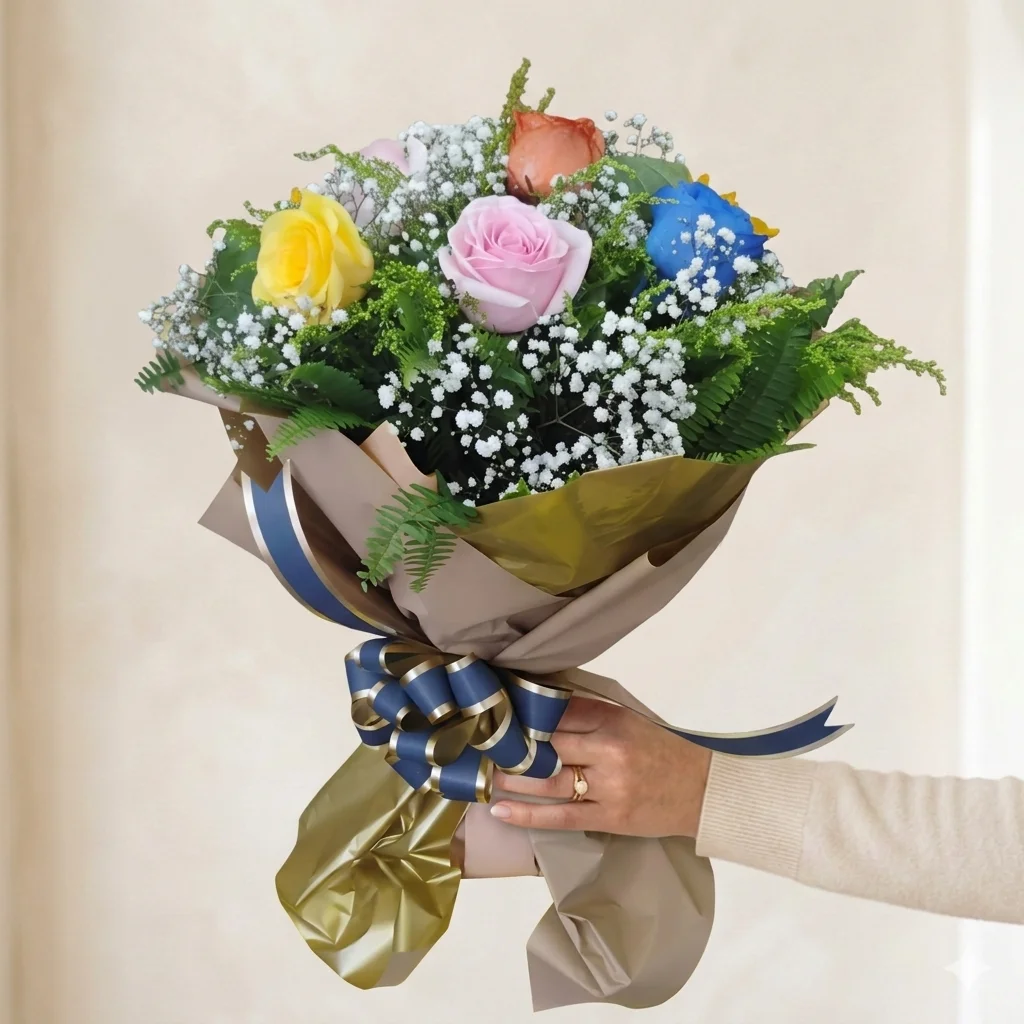 Mix de 6 Rosas Coloridas – arranjo vibrante em três tons embalado em papel especial