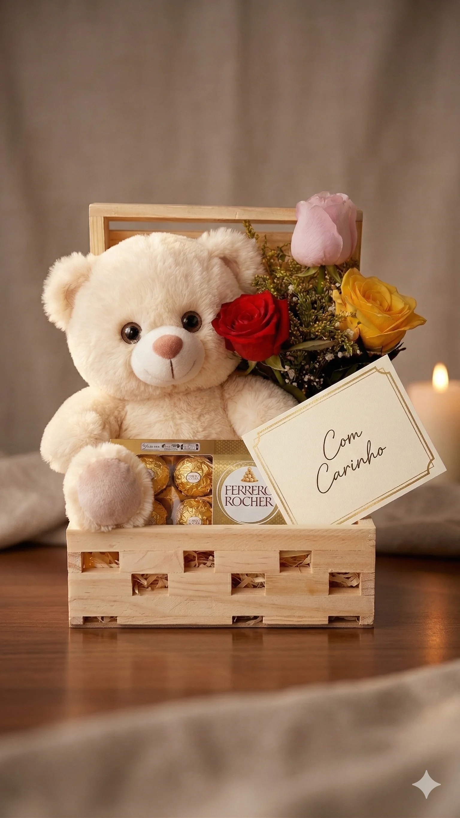 Baú Romântico Decorado com flores, ursinho de pelúcia, Ferrero Rocher e cartão